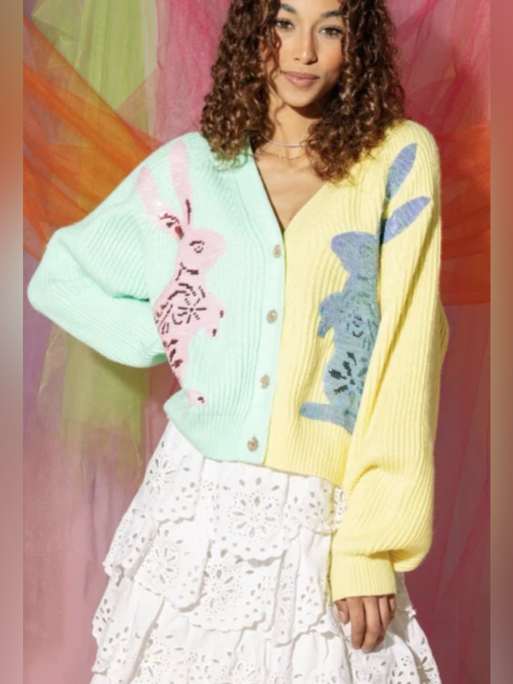 QUEEN OF SPARKLES Pastel Color-block Sequin Bunny Cardigan